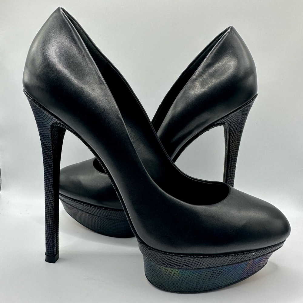 Brian Atwood Black Leather w/ Iridescent Platform Stiletto Pumps